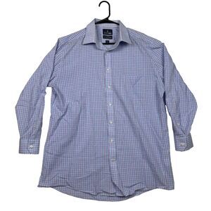 Stafford Travel Dress Shirt Mens Long Sleeve 17 / 32-22 Blue w/pink Easter Shirt